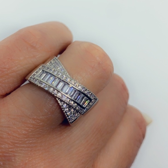 Wide Band Baguette and Round Diamond Silver Ring - Picture 7 of 8